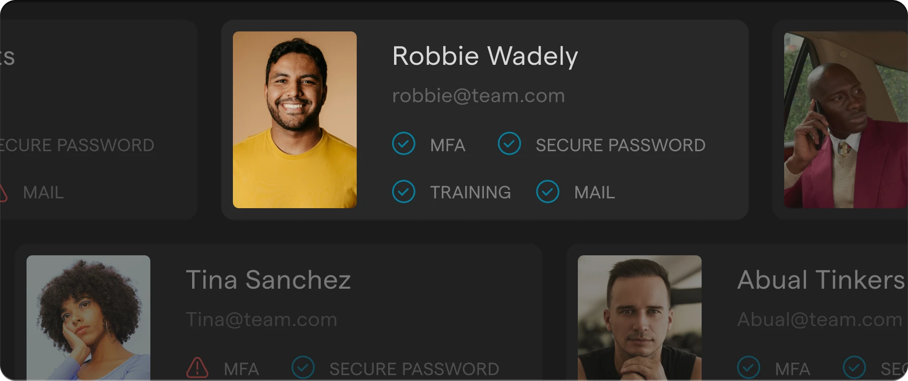 several user profiles, each with a headshot and yes or no boxes for MFA, secure password, training, and mail